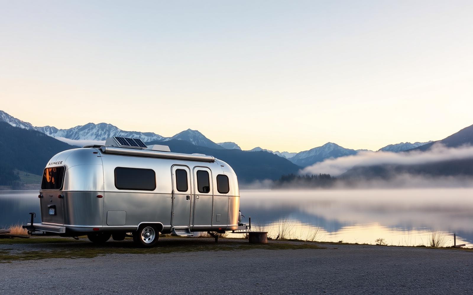 Airstream parked by alpine lake