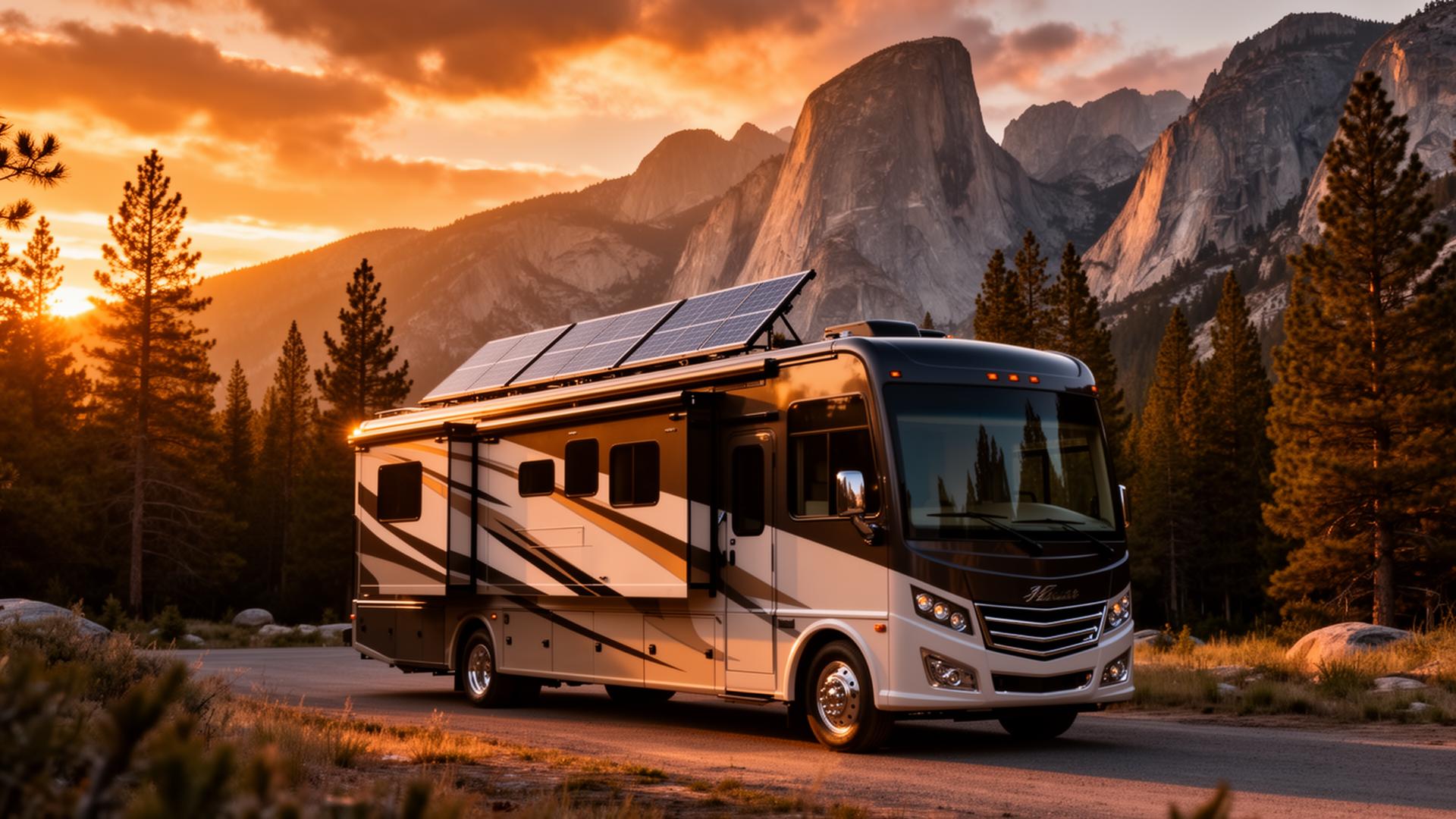 RV with solar panels parked at sunset in the Sierra Nevada